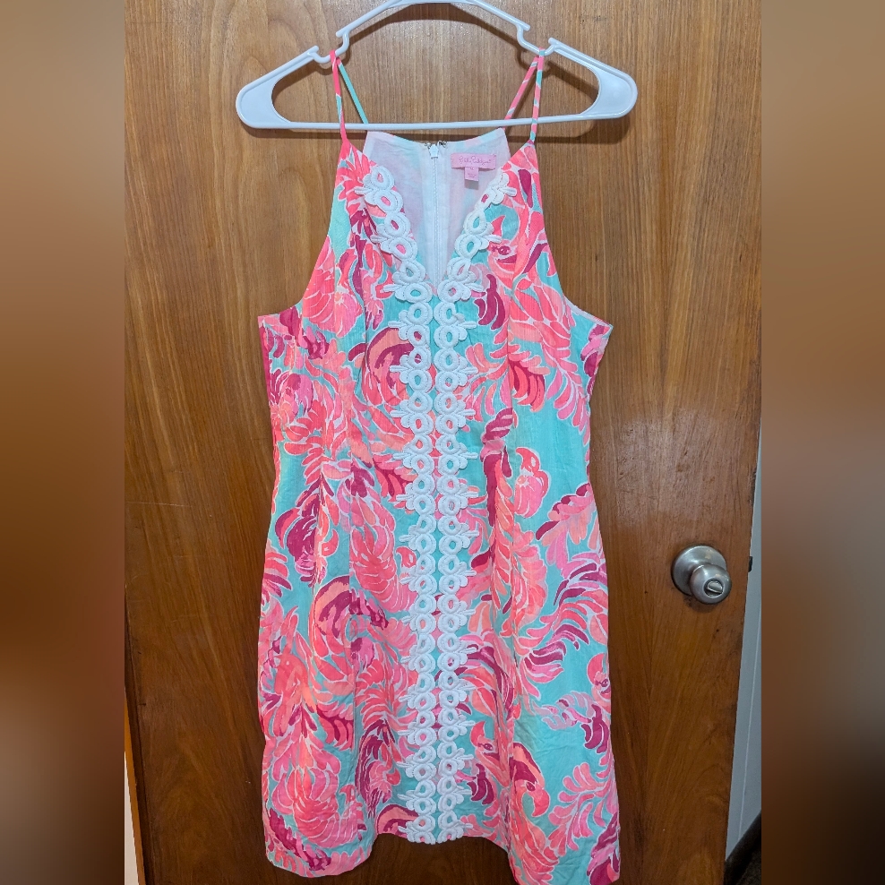 Lilly Pulitzer Pink Coral & Aqua Floral Lace-Trim Sundress